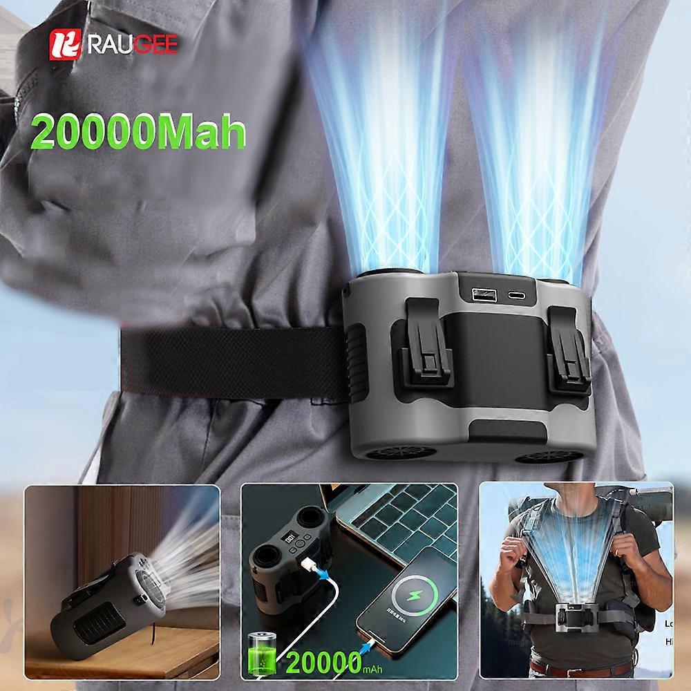 Mini Portable Waist Clip Fan, USB Rechargeable, for Outdoor Working, Dual Air Outlet, 20000mAh, Gray