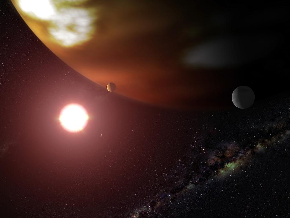 A gas giant planet orbiting a red dwarf star. Poster