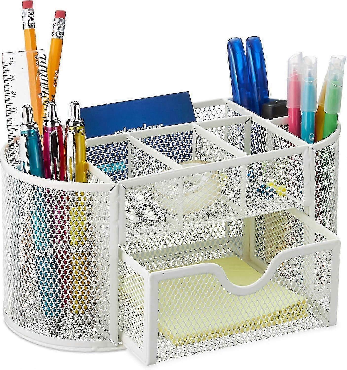 Multifunctional Desk Organizer White, Metal Mesh Desk Organizer with Sliding Drawers, 9 Sorting Compartments for Pens, Staplers, File Folders and Let
