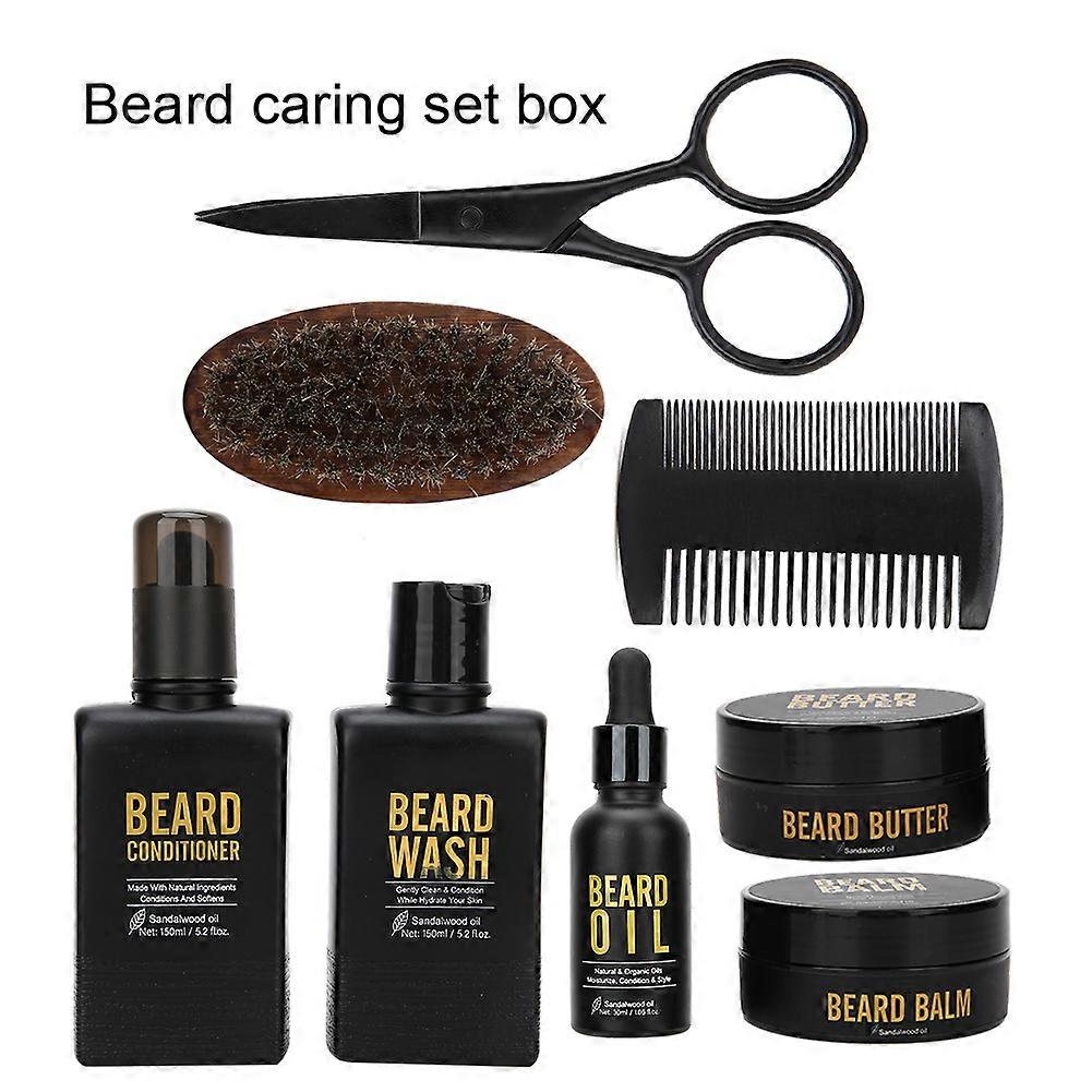 8pcs Beard Care Kit Beard Brush Scissors Moisturizing Cleaning Modeling Set