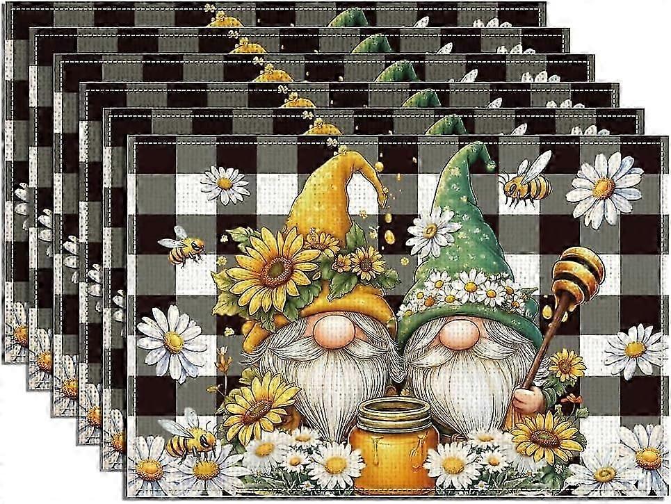 6Pcs Gnome Bee Sunflower Placemats 17.7x11.8 Inch Rectangle Sunflower Summer Table Placemats for Dining Table Decoration Seasonal Spring Polyester Was