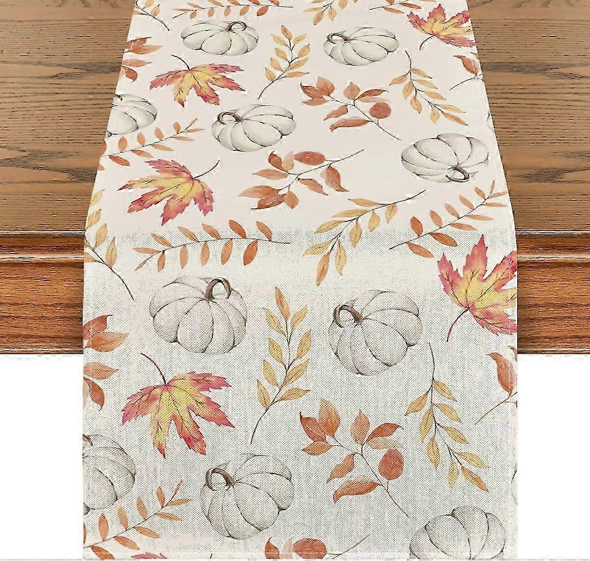 Autumn Table Runner with Maple Leaves and Orange Pumpkins, Seasonal Fall Kitchen Dining Table Decorations for Home Party Decor, 13x72 Inch