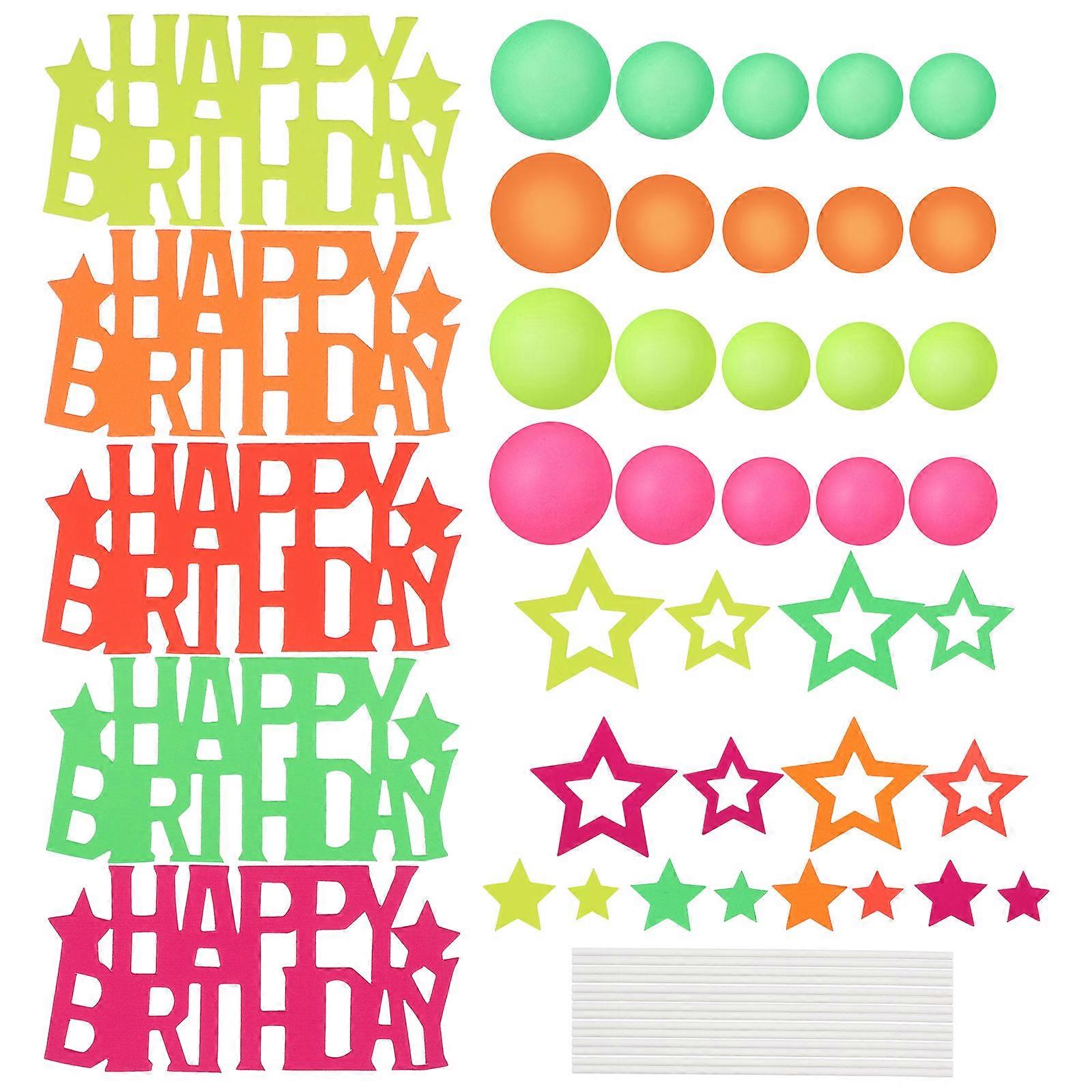 Birthday Cake Topper Set with Neon Decorations for 40Pcs