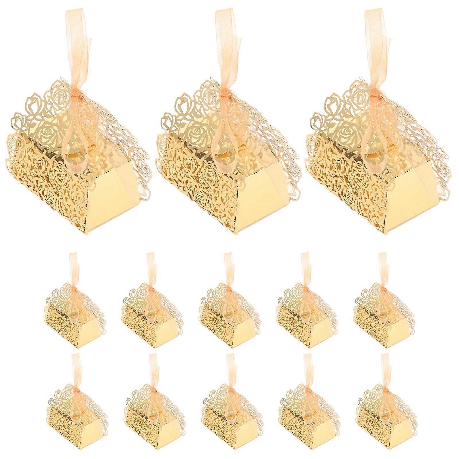 50PCS Chocolate Present Box: Paper Hollow out Present Box with Ribbons - Rose Flower Pattern Candy Container Party Favors for Wedding Party 3.14x3.14x