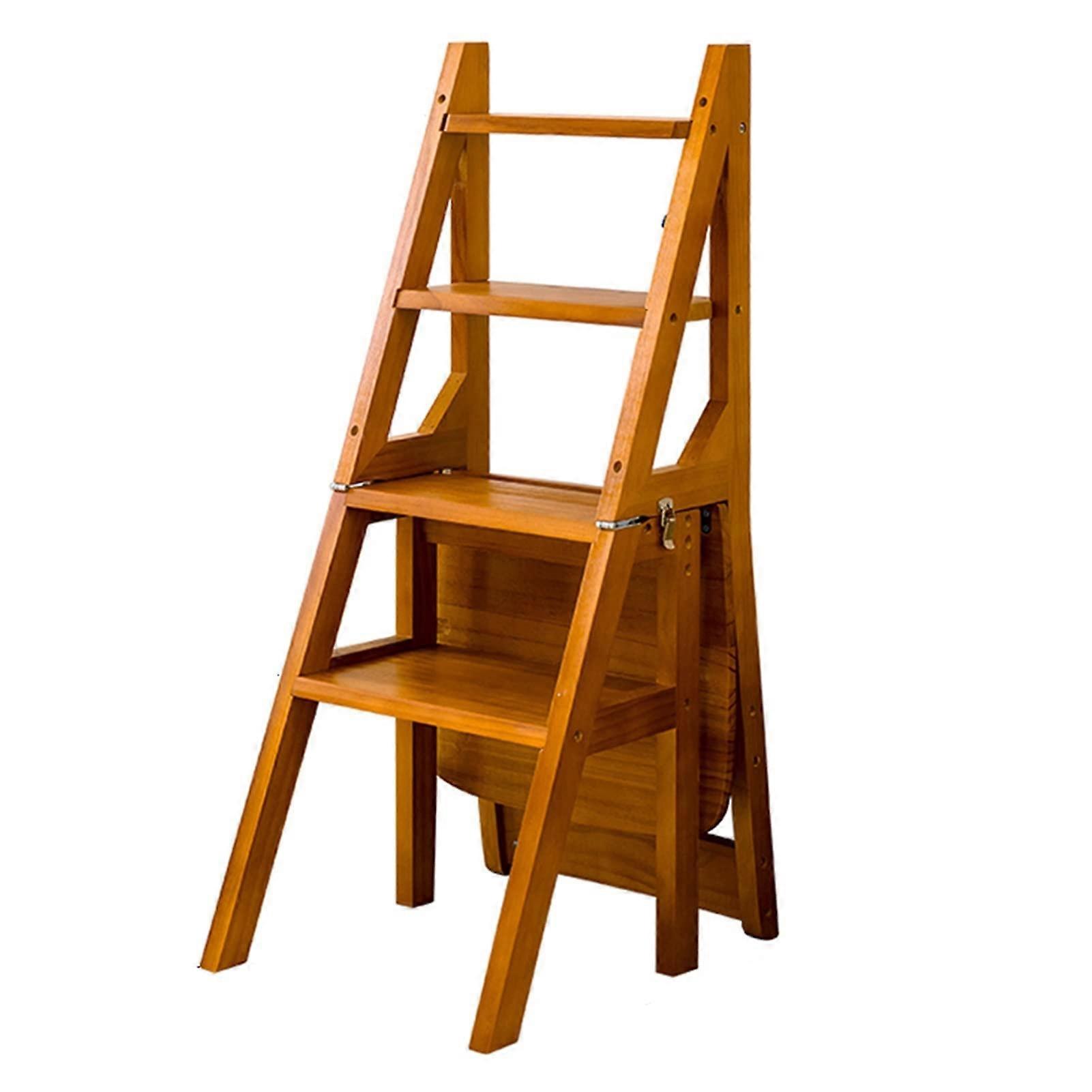 Multifunctional 4 Step Ladder Chair Fold Up Library Step Bookshelf For Indoor Kitchen Office Walnut Color