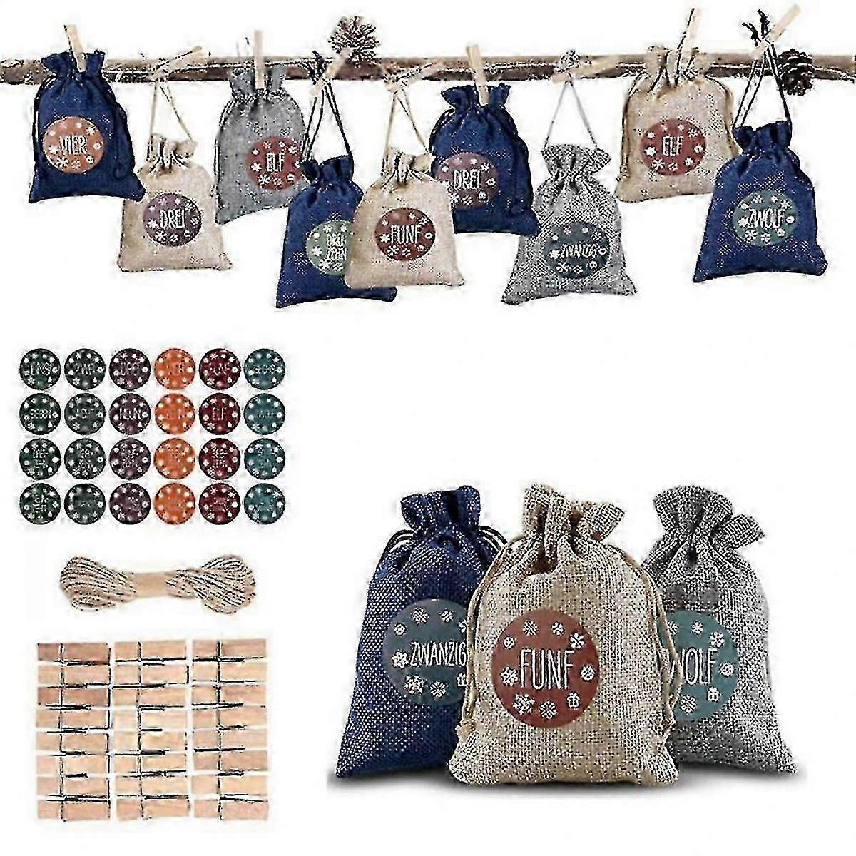24 PCS Christmas Advent Calendar Filling Bag Set Christmas Gift Bags with 1-24 Advent Numbers Stickers for Wall Window Christmas Tree