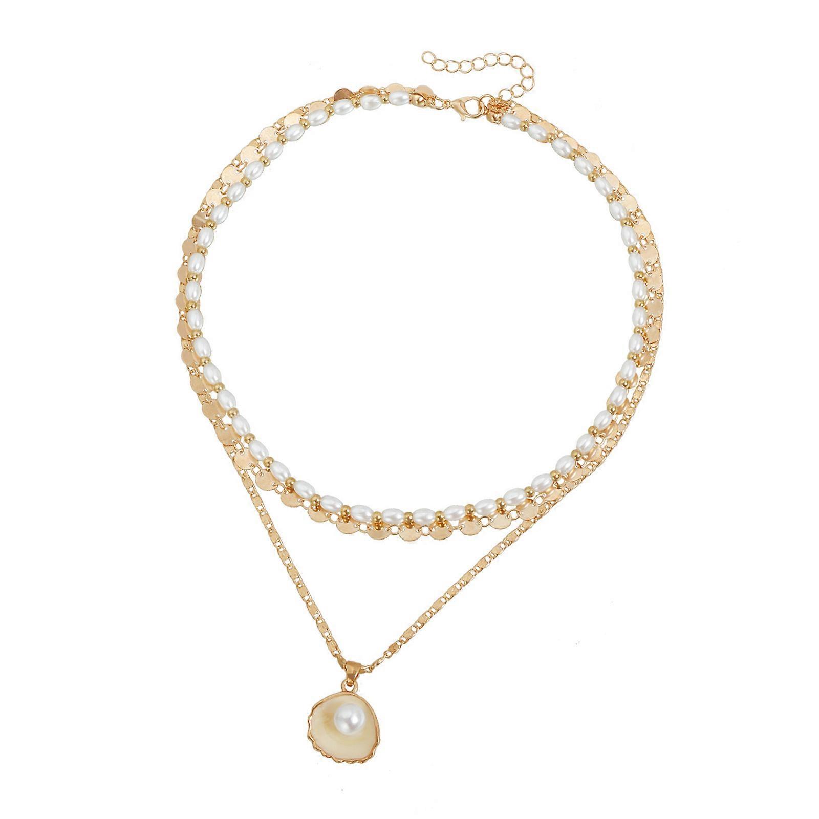 Versatile Geometric Shell Pearls Drop Necklace Adjustable Alloy Collarbone Chain For Creative Styling Expression Multicolor