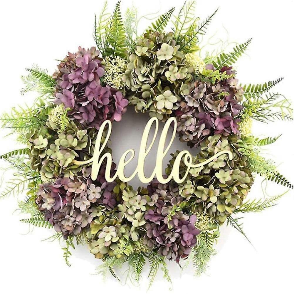 18 Inch Artificial Hydrangea Wreath for Front Door, Spring Summer Hello Hydrangea Farmhouse Wall Window Party Decoration