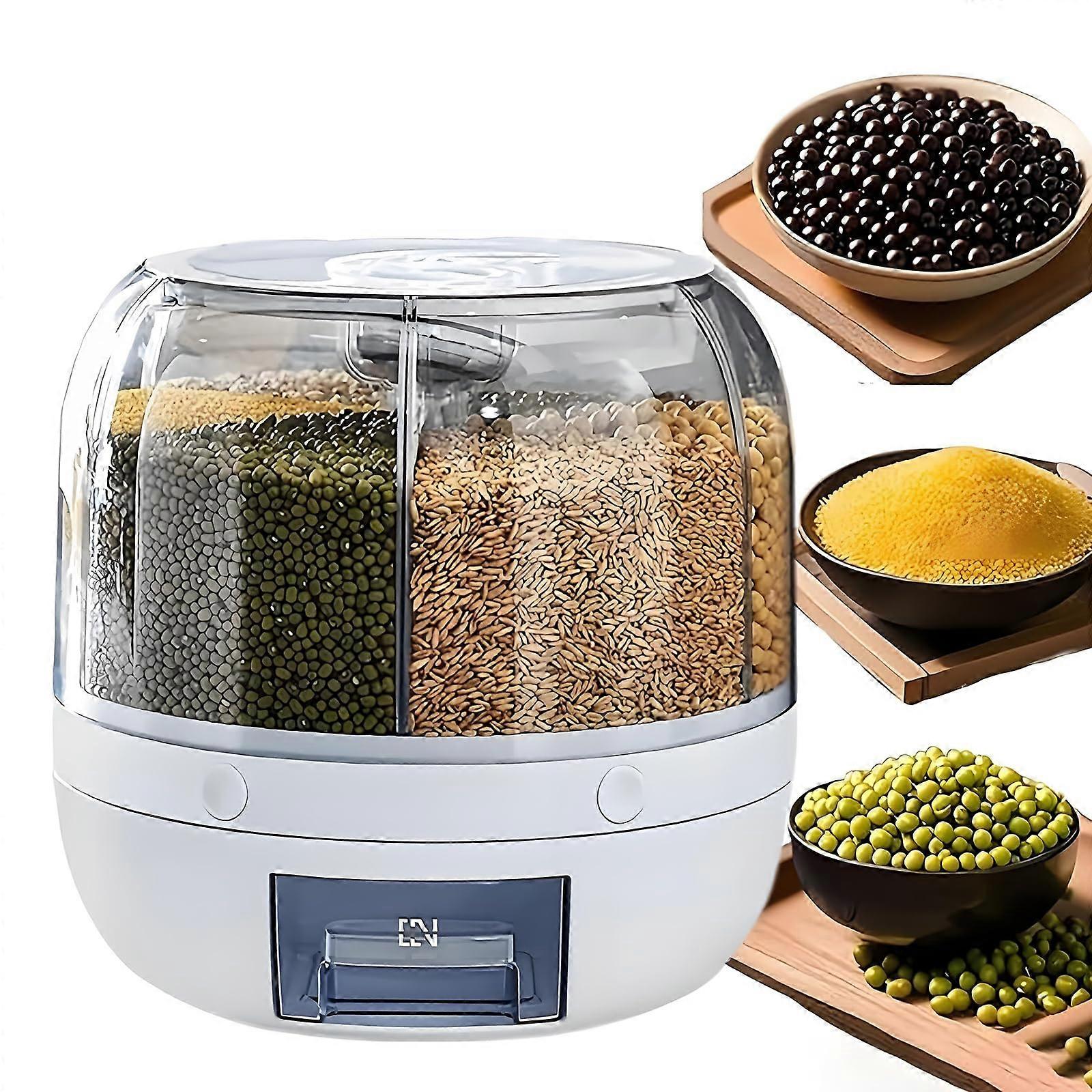 Rotating Rice Dispenser 6 Grid Large Grain Storage Container with OneClick Output Moisture Proof Organizer