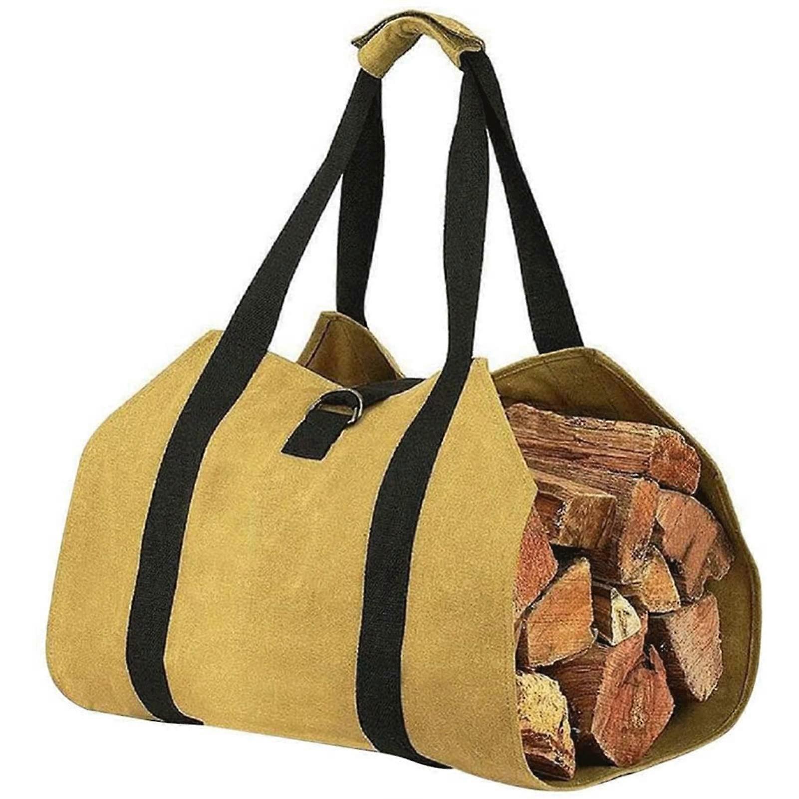 Canvas Firewood Carrier Bag with Padded Handles, Large Waterproof Log Tote for Fireplace and Camping