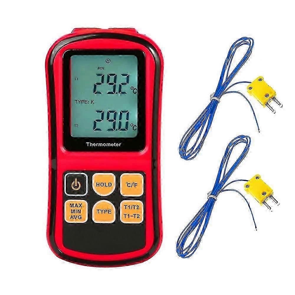 LCD Digital Thermometer Two K- type Temperature Meter for K/J/T/E/N/R Thermocouples w