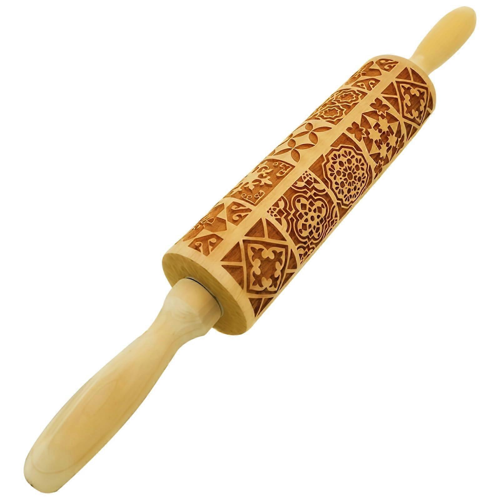 Engraved Beechwood Rolling Pin with Floral and Geometric Patterns, Double Handle for Baking and Crafts