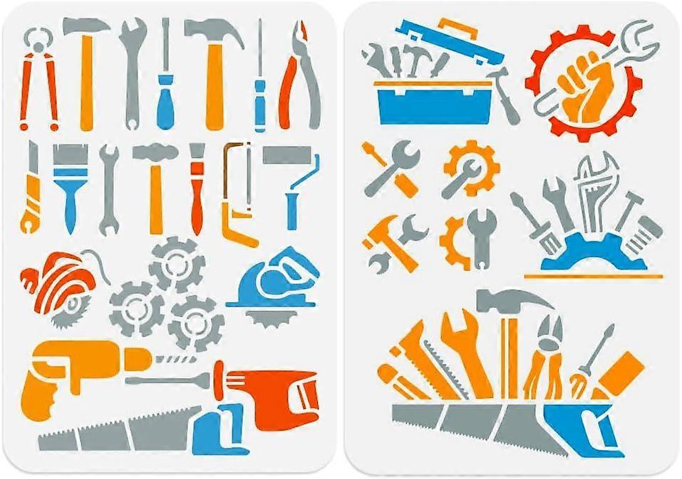 2pcs 11.69"x8.27" Tool Wall Stencil Templates Mechanical Tools Reusable Plastic Stencil for Painting on Wood Floor Tile Fabric Glass Furniture Wrench 
