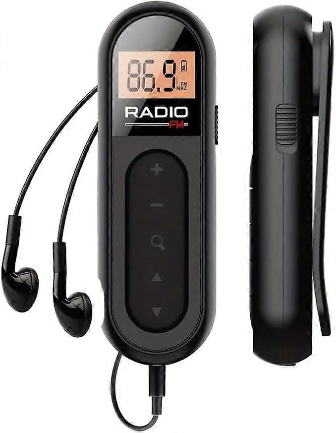 Portable Mini FM Radio LCD Display Rechargeable 300mAh Battery Clip On Design Black