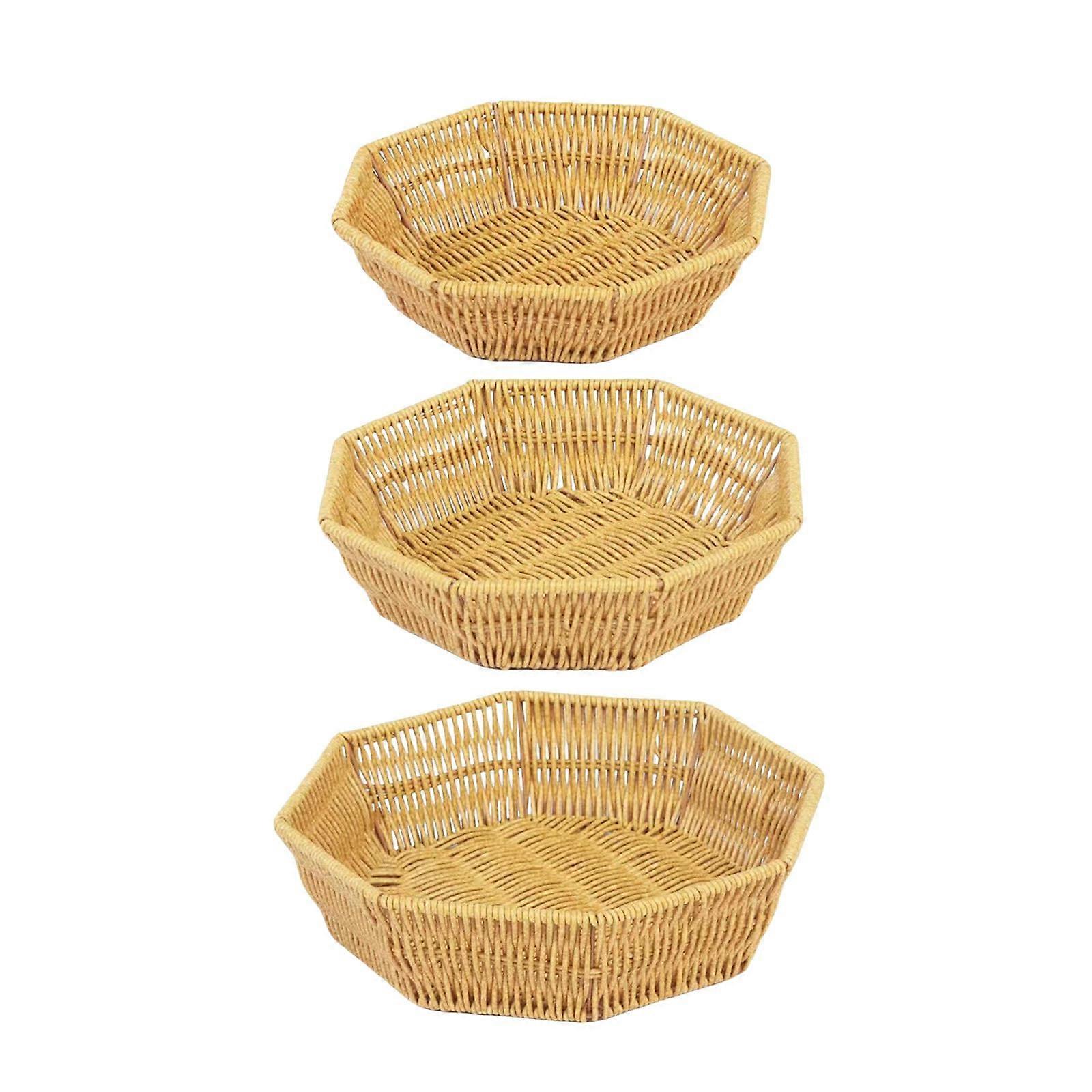 3pcs Rattan Fruit Basket Set with Elegant Octagonal Design for Snacks Bread and Decorative Serving