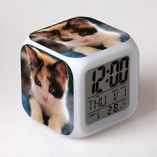 Pet kitten seven-color alarm clock, color-changing square clock, night light, square student gift