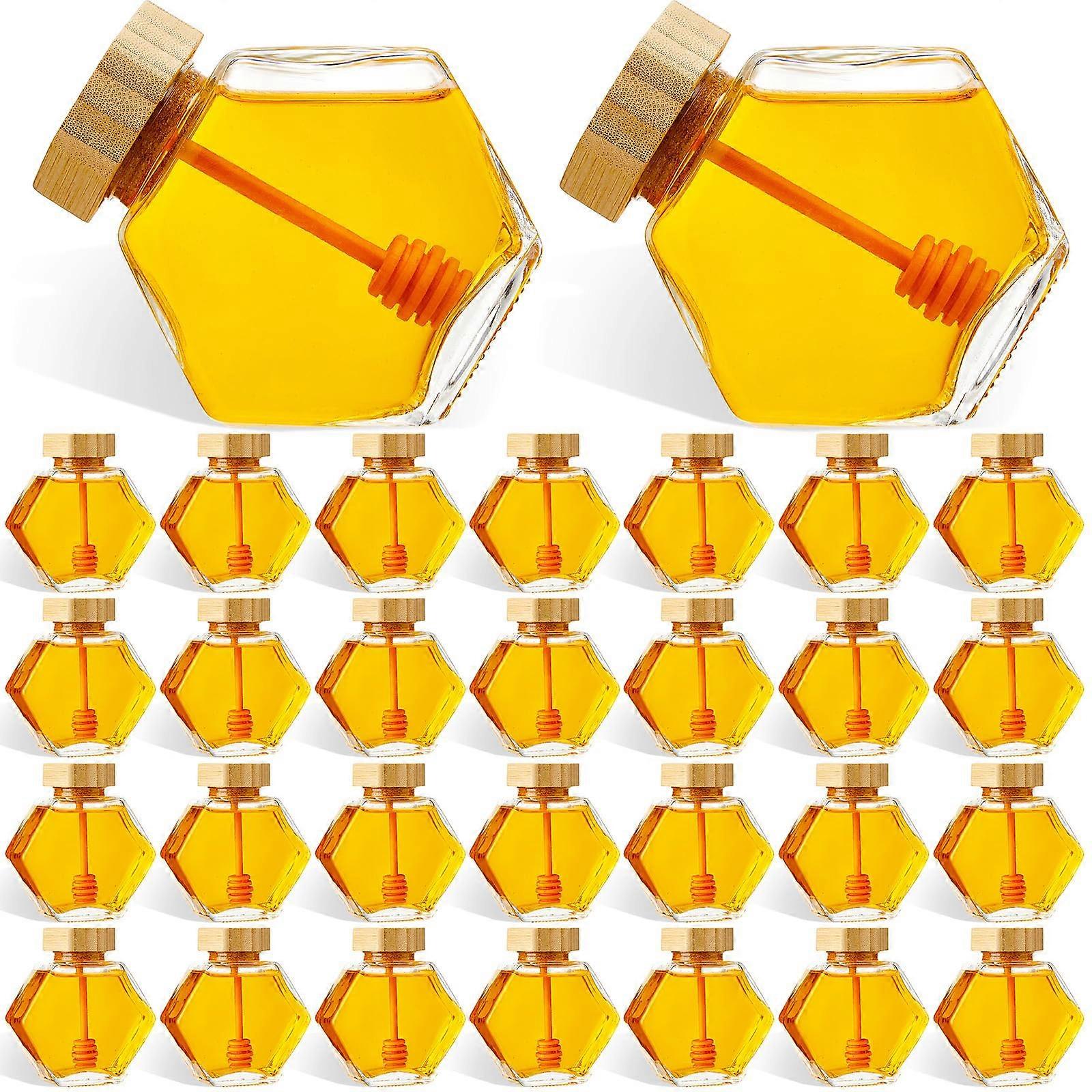 8 Pcs Hexagonal Glass Honey Jars with Wooden Dipper and Cork Lid for Easy Honey Dispensing 220ml