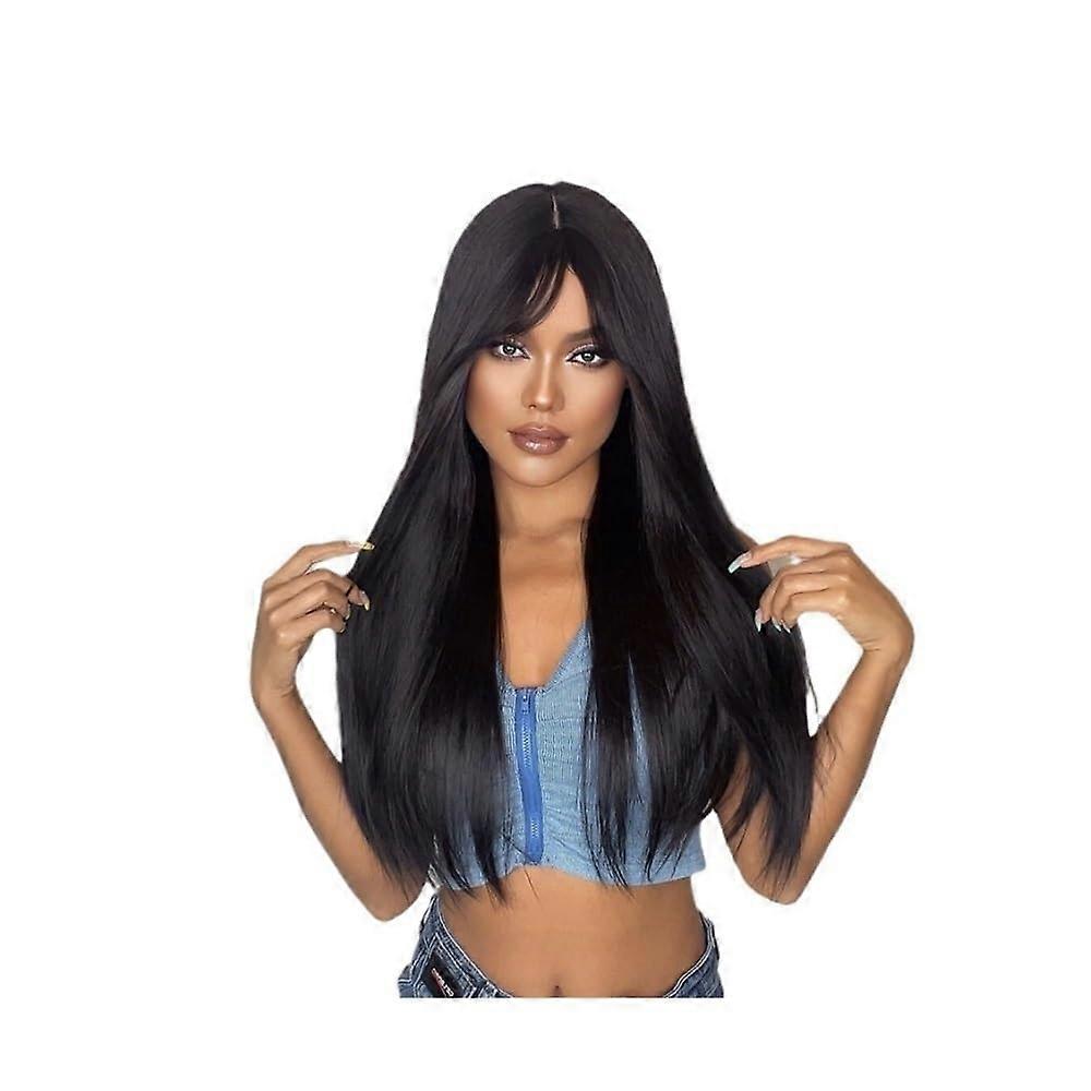 Korean Style Long Straight Wig with Realistic Smooth Texture and Full Head Coverage in Black