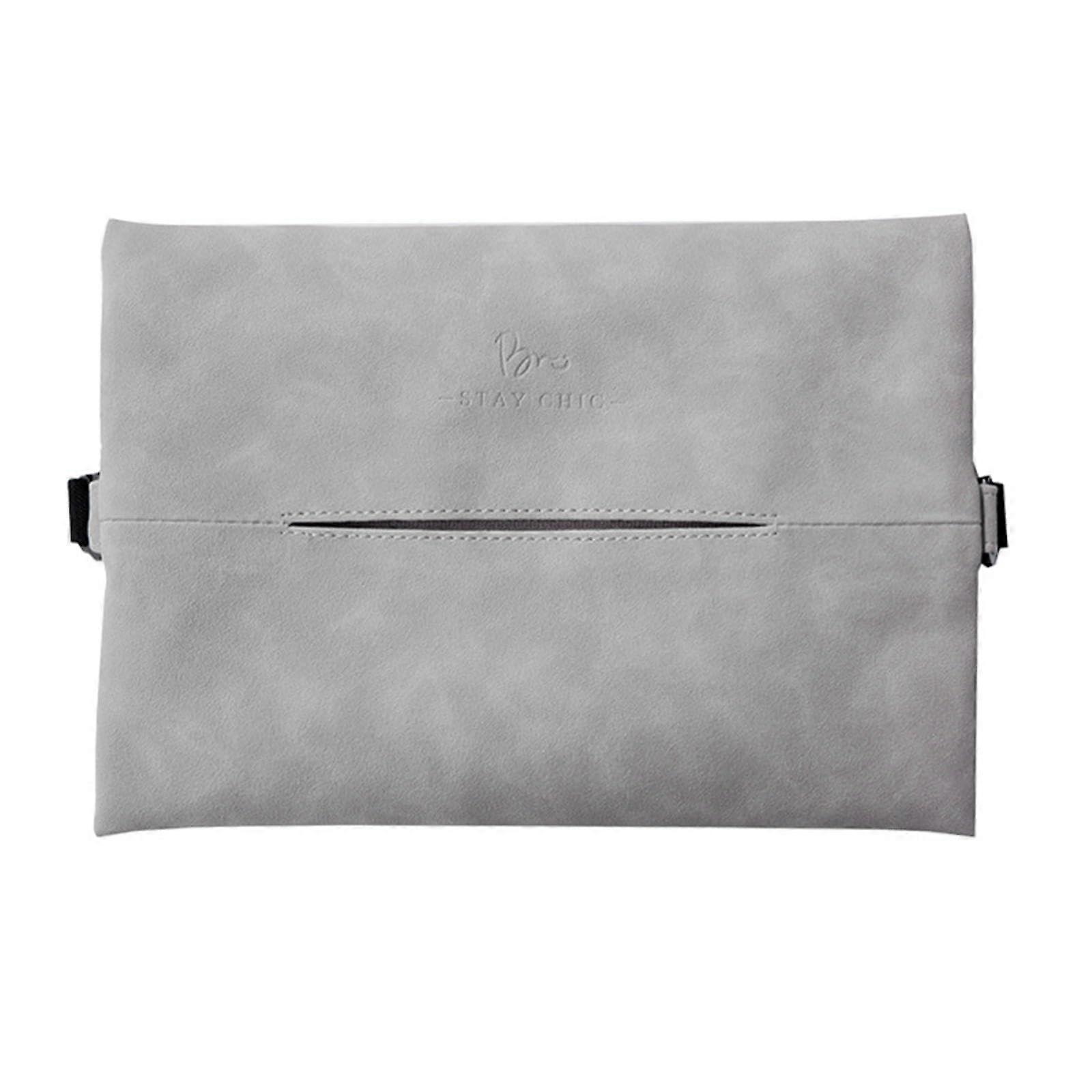 Car Tissue Holder Leather Gray with Large Opening and Adjustable Strap for Armrest or Hanging