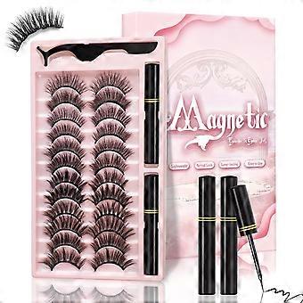 Magnetiske øyevipper og eyelinersett, 12 par forskjellige magnetiske øyevipper 3D naturlig sminke med eyeliner og pinsett, enkel å påføre, gjenbrukbar