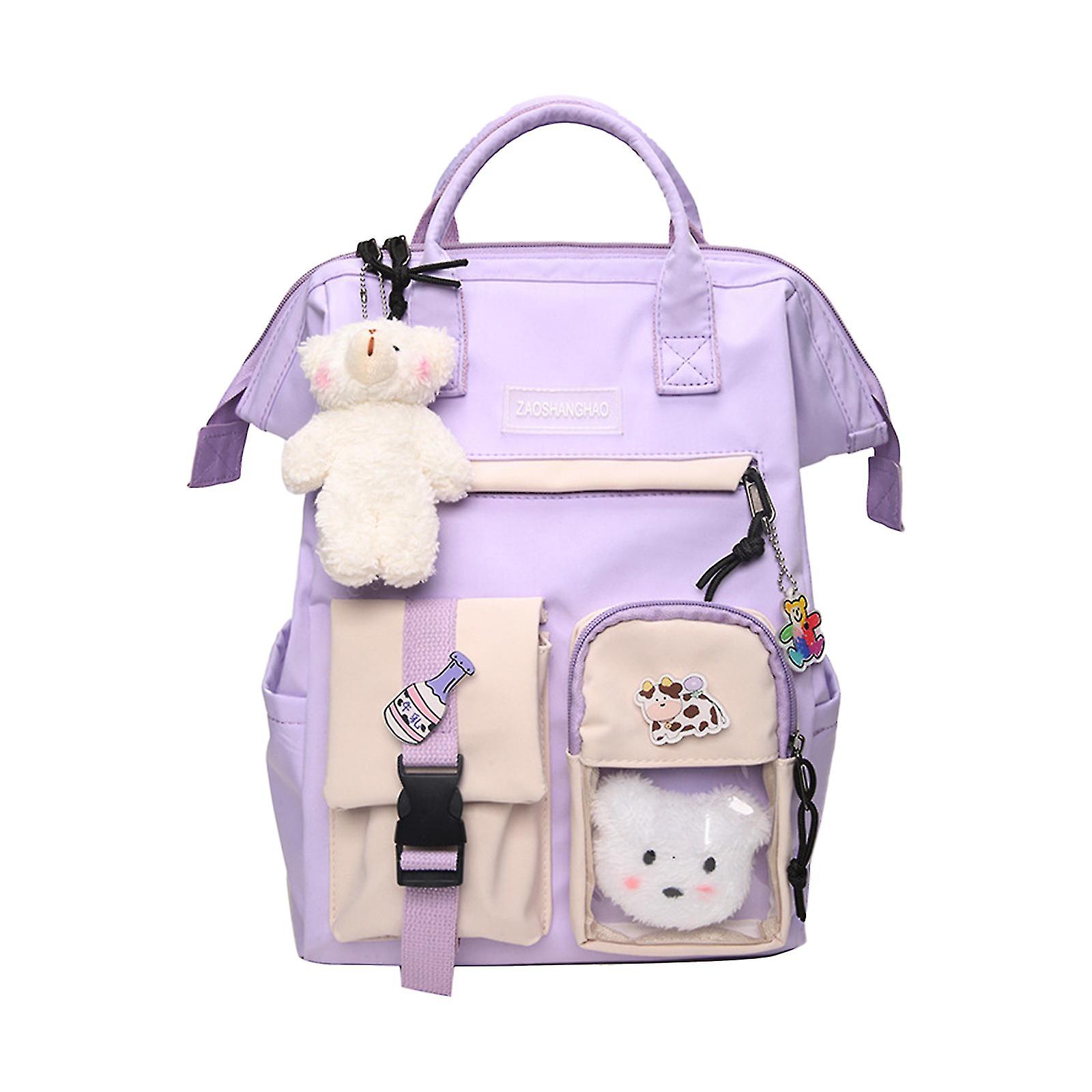 Kawaii Backpack With Bear Pendant, Aesthetic Canvas Students