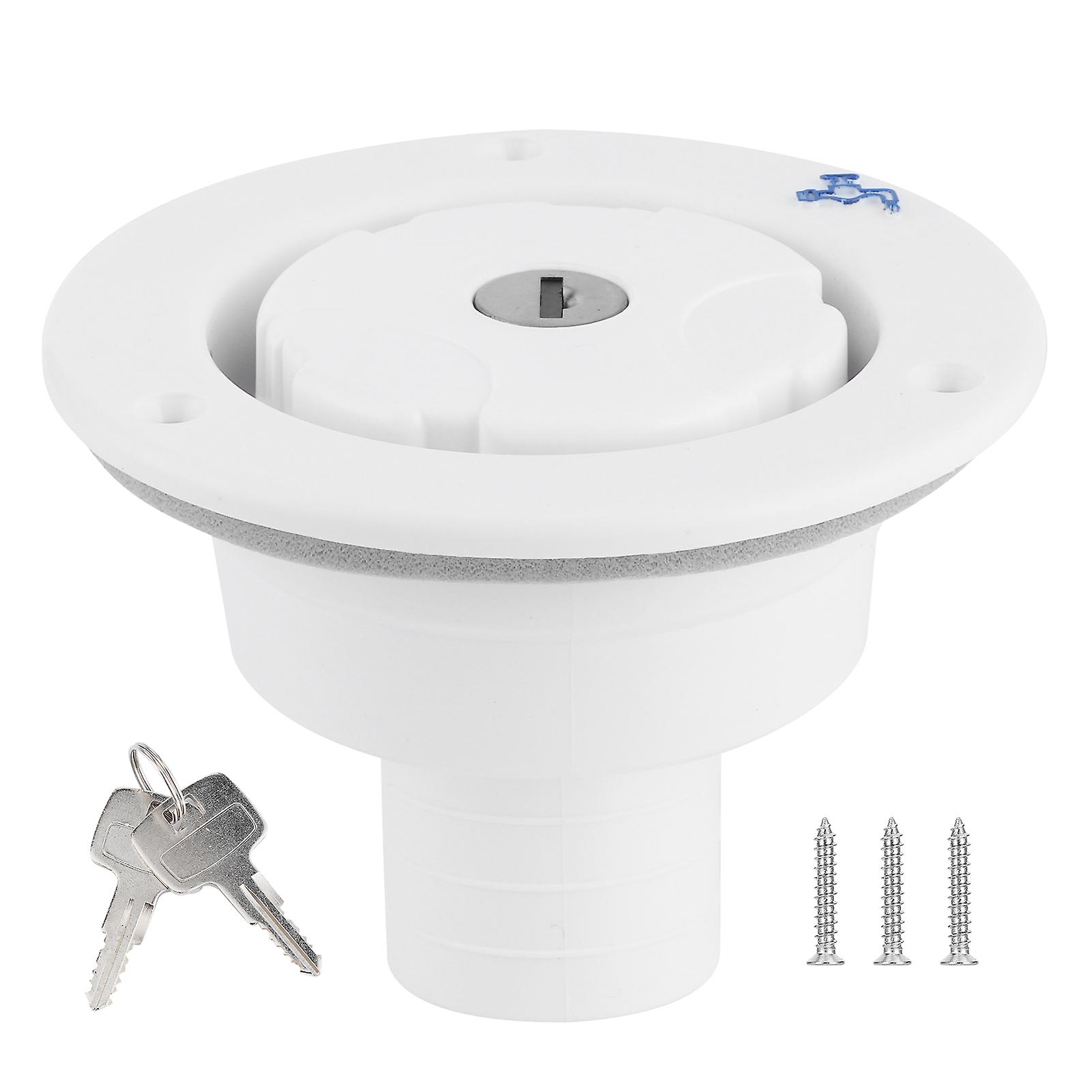 Lockable Water Tank Filler Cap White Durable Plastic Secure Design UV-Resistant Finish Includes Keys and Screws for Boats RVs Trailers Camper