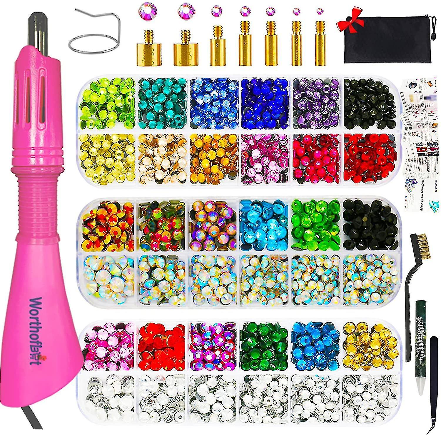 Newway Rhinestone Setter, Applicator Toolkit, Hot Fixed Wand Bedazzler Kit, 4080pcs, Ab Crystal, Clear, 14 Colors, 7 Tips, 4 Gems Sizes, Tweezers, , J