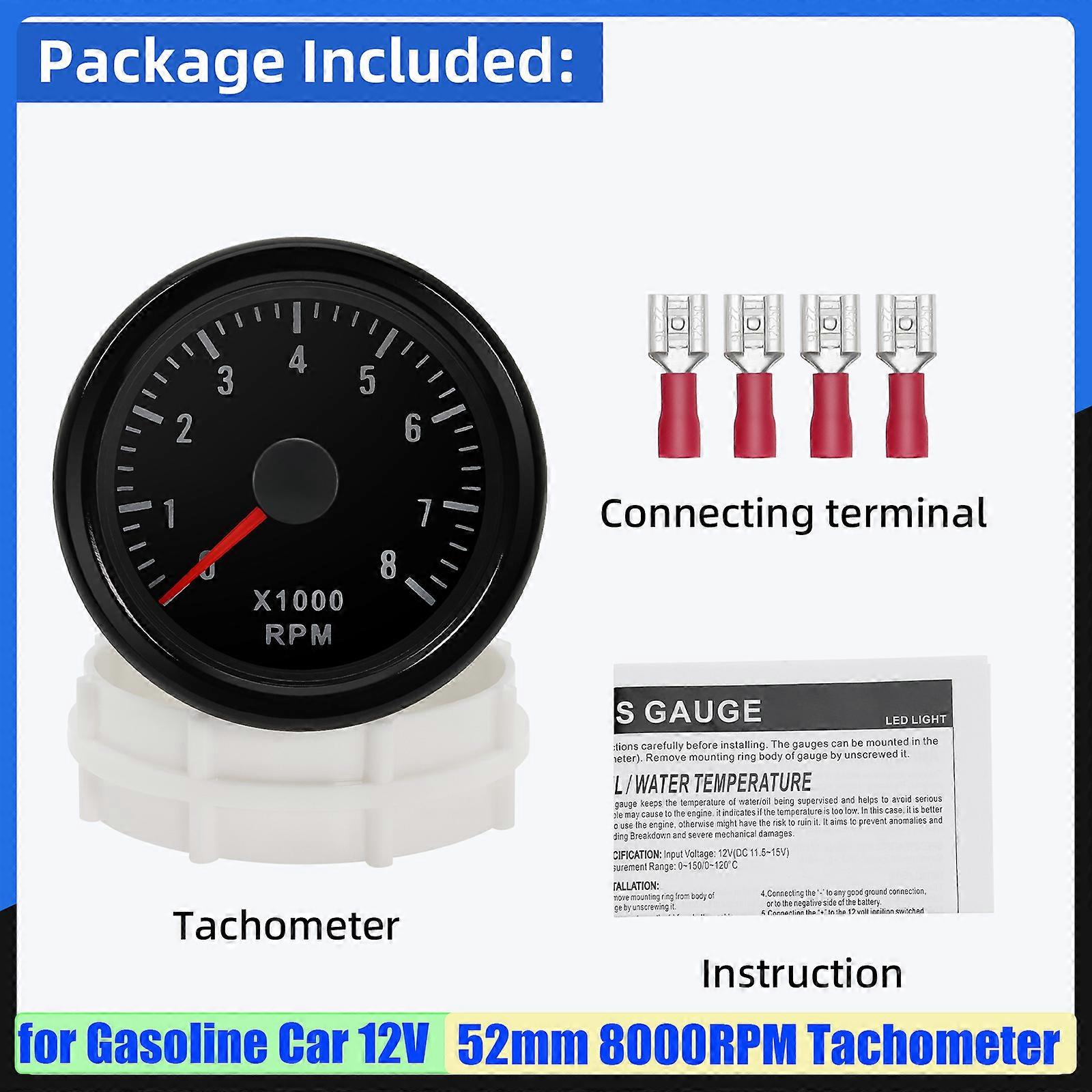 Automobile 52MM Tachometer with White Backlight 0~8000 RPM Tacho Meter for 1-8 Cylinder Universal Gasoline Engine Car 12V