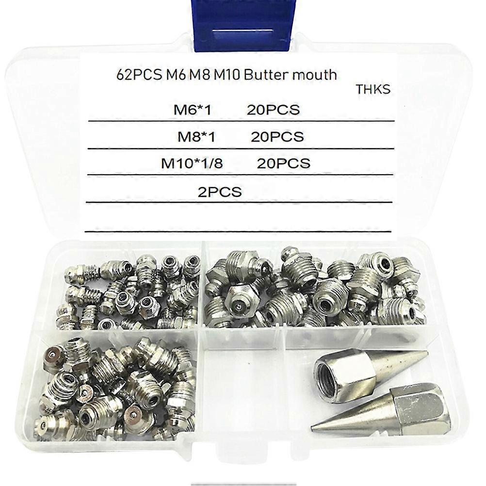62Pcs M6/M8/M10 Grease Fitting Assortment Kit Grease Nipples Set with Plastic Box