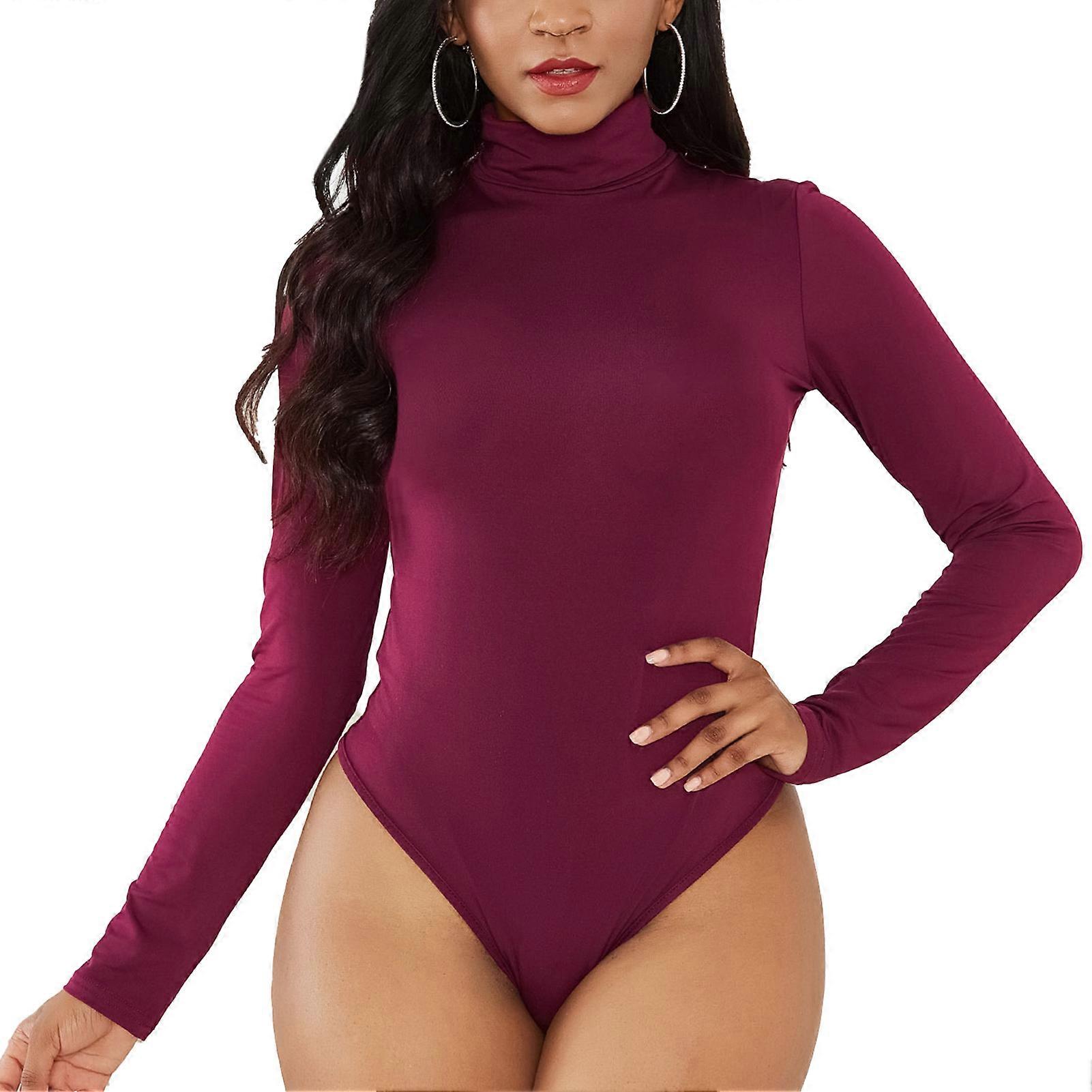 Women Long Sleeve Bobysuit Turtleneck Slim Pure Color High Elasticity Snap Closure Bodysuit Wine Red L
