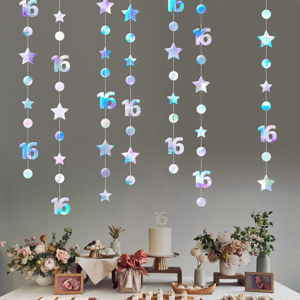Numbers 16 Round polka Dots twinkling Stars Wreath set Metal hanging streamers bunting background decorated for 16th birthday