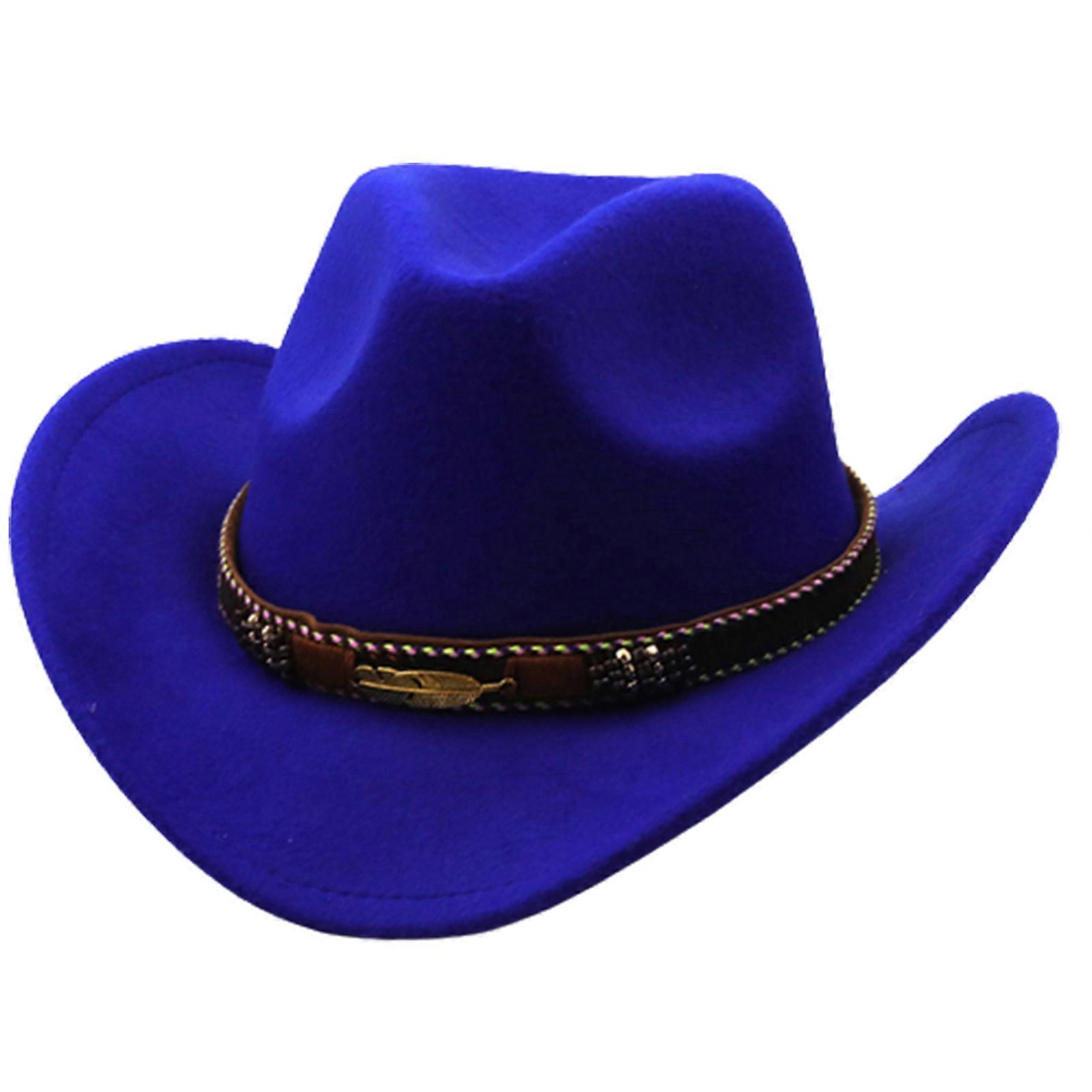 Unisex Classic Wide Brim Cap with Metal Leaf Belt Cowboy Woolen Hat for Party Cosplay Stage Show