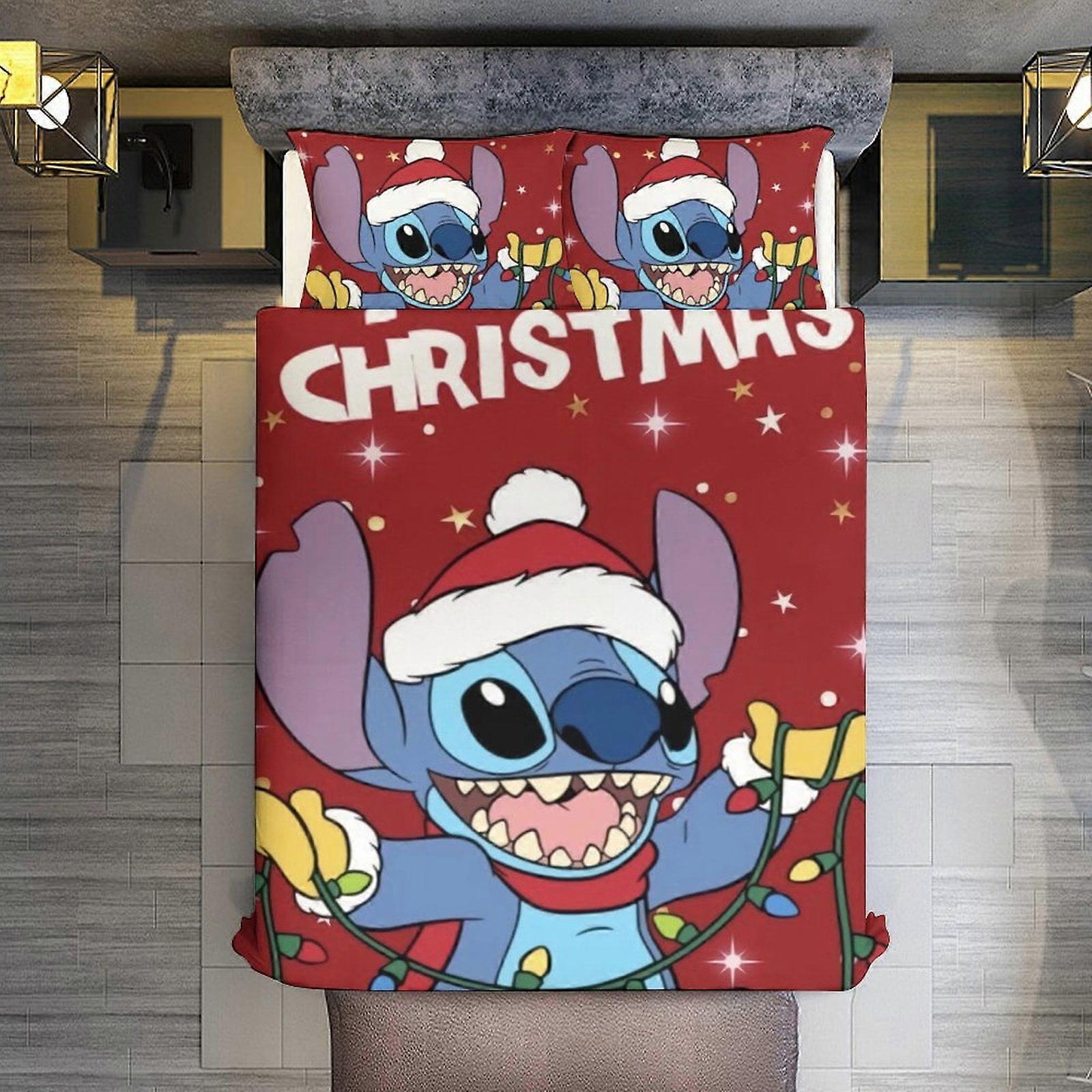 v200 Lençóis de Cama Feliz Natal Stitch 3 Peças Conjuntos Tamanho Completo/Queen Size - Colchas de Microfibra Reversíveis com Fronhas Colcha Leve e Macia Cove