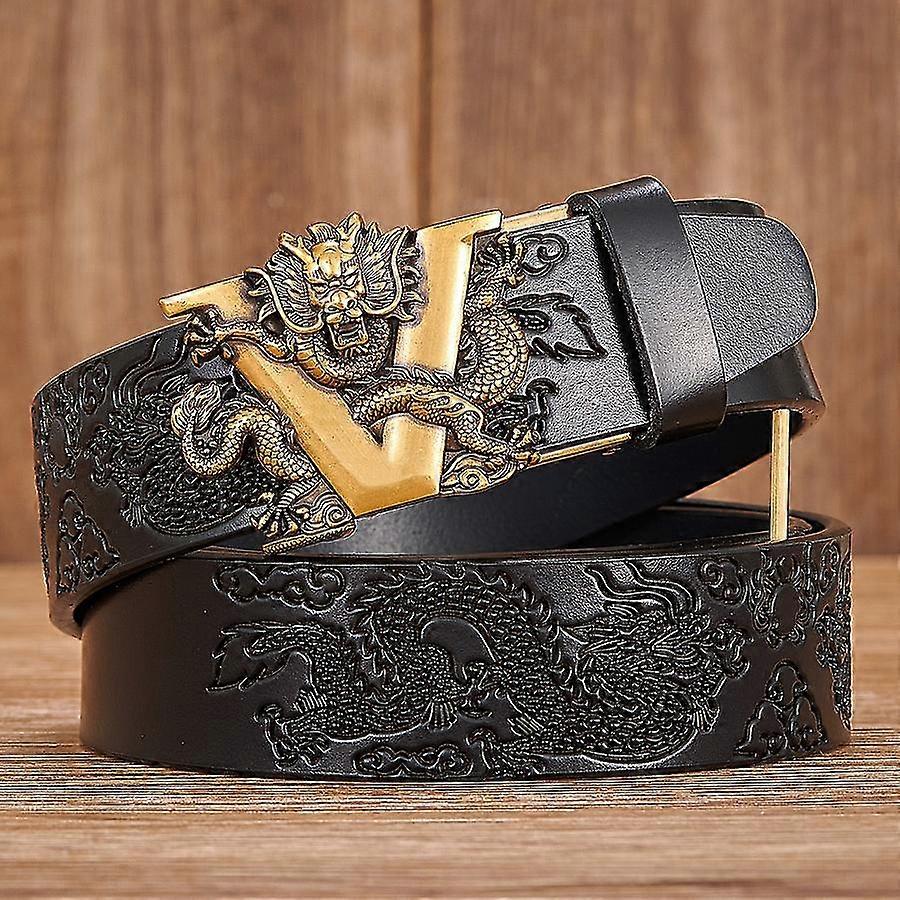 Nyt Male China Dragon Belt Cowskin Ægte læderbælte til mænd Carving Dragon Pattern Automatisk spænde bælterem til jeans
