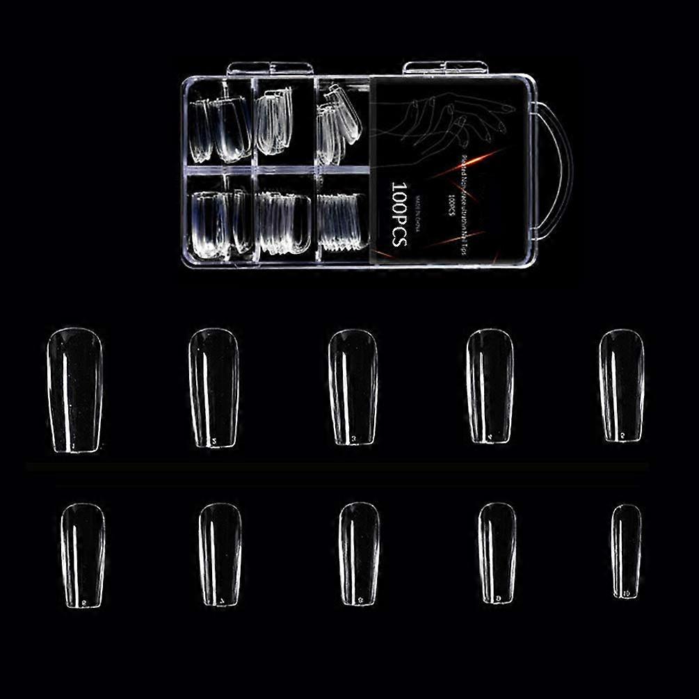 Puntas de yail de ataúd largo transparente, 100 piezas de uñas de ballet falsas con cubierta completa Punta de uñas acrílicas incorrectas 10 tamaños