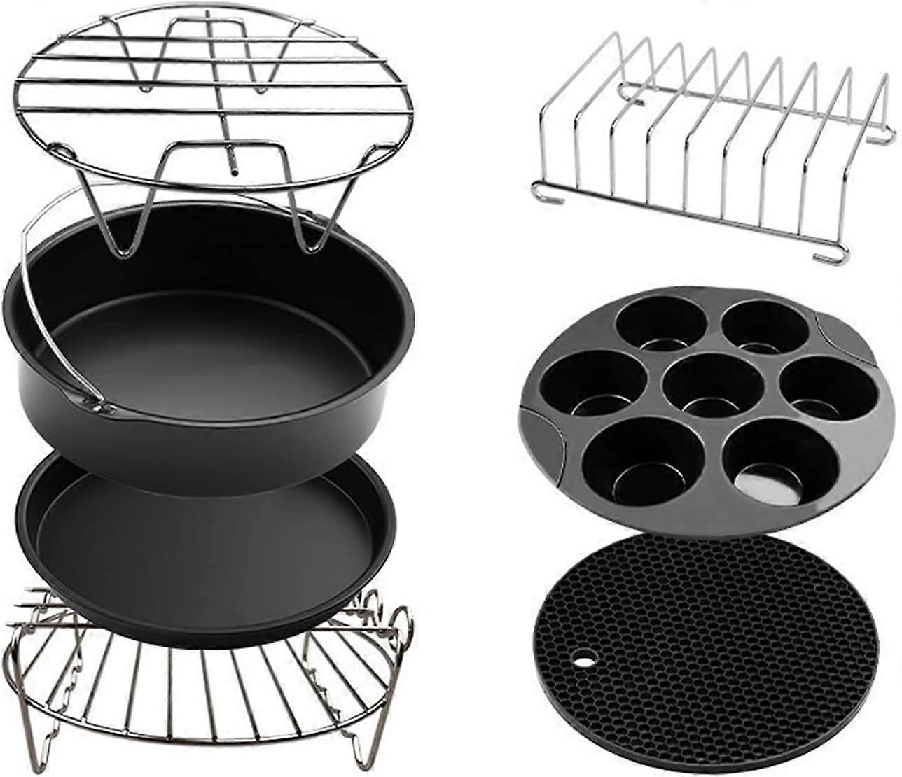 Air Fryer Basket, 7pcs Electric Air Fryer Accessories Kit Skewer Rack Aluminum Alloy Holder Air Fryer Basket Baking Pan