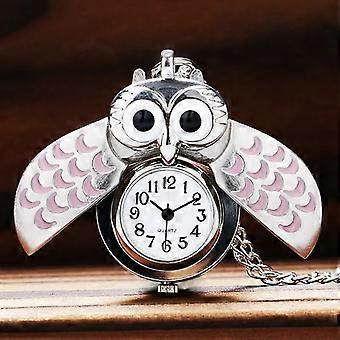 Lindo Reloj de Bolsillo Búho Rosa Reloj de Cuarzo para Niños con Cadena de Collar P582