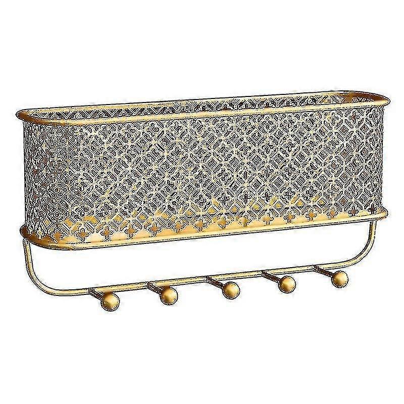 Wall Mounted Metal Storage Basket, Mail Holder With 5 Hooks,gold