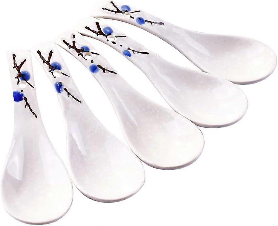 Ceramic Soup Spoons Set of 5 Japanese Style Blue Plum Soup Spoons Set Serving for Soup, Fruit Salad, Ice Cream, Oatmeal