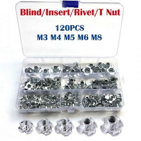 120pcs M3 M4 M5 M6 M8 Zinc Plated Four Claws Nut Speaker Nut T-nut Blind Pronged Tee Nut Furniture Hardware