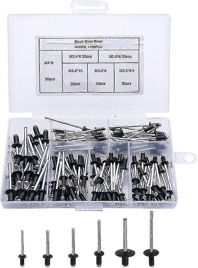 120 pezzi Rivetto nero Rivetto Pop Rivetto in alluminio Rivetti ciechi in alluminio Rivetti a flangia in alluminio Rivetti a testa grande Blac