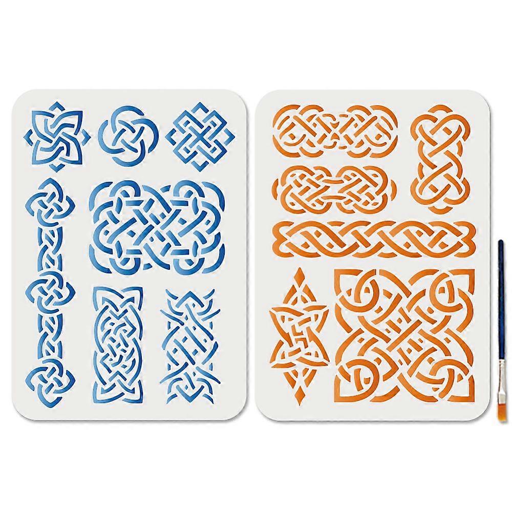 2Pcs Trinity Knot PET Hollow Out Drawing Painting Stencils for DIY Scrapbook Photo Album with 1Pc Art Paint Brushes Mixed Shapes 169~297x5~210mm