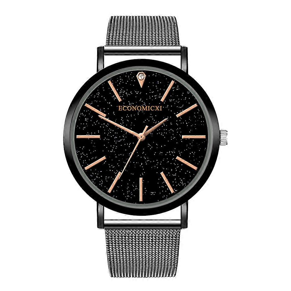 Men Alloy Mesh Casual Watch Round Dial Analog Display Male Quartz Wristwatch(Black)