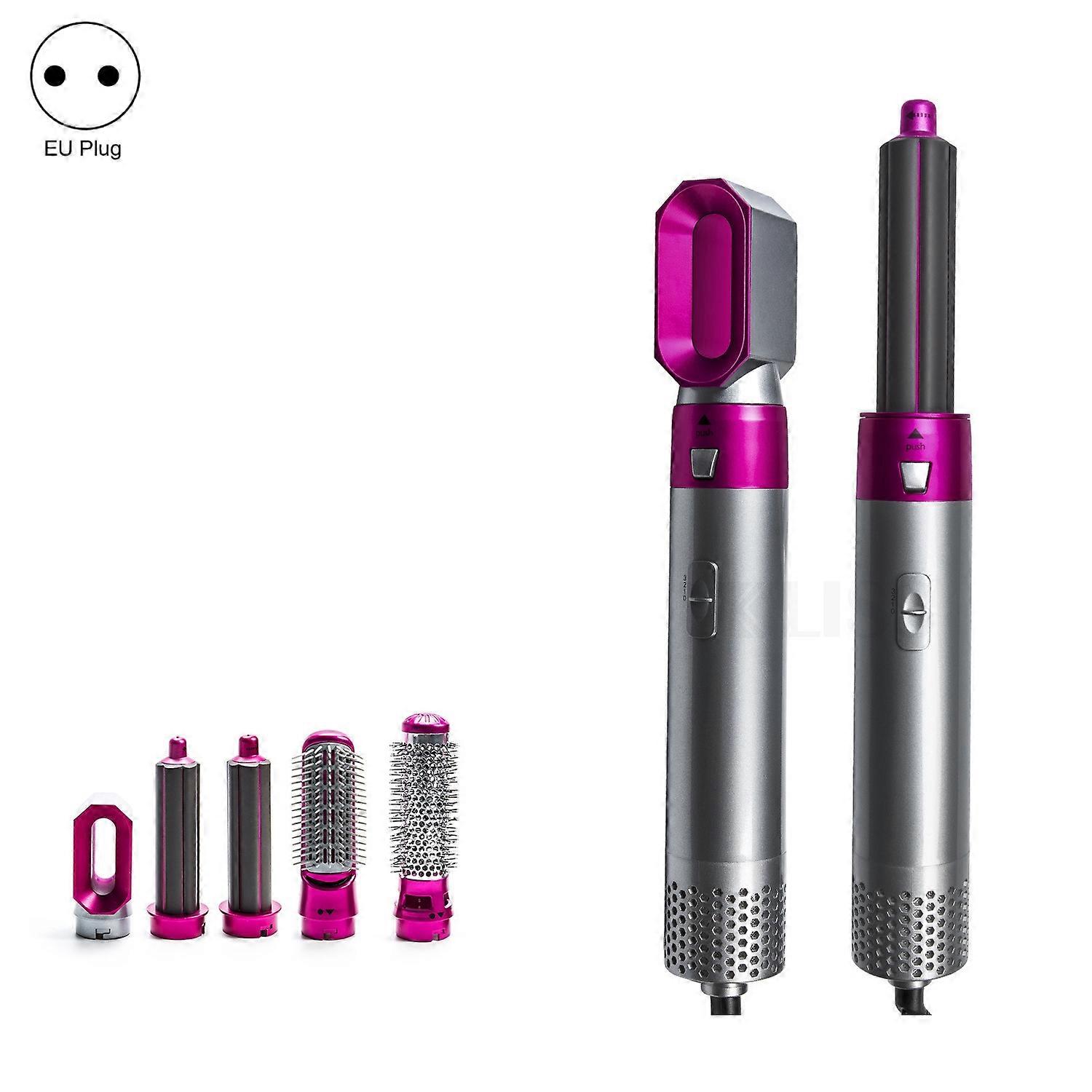 Peigne à air chaud 5 en 1 Lissage automatique Sèche-cheveux à double usage Argent + Rose Rouge (prise UE)