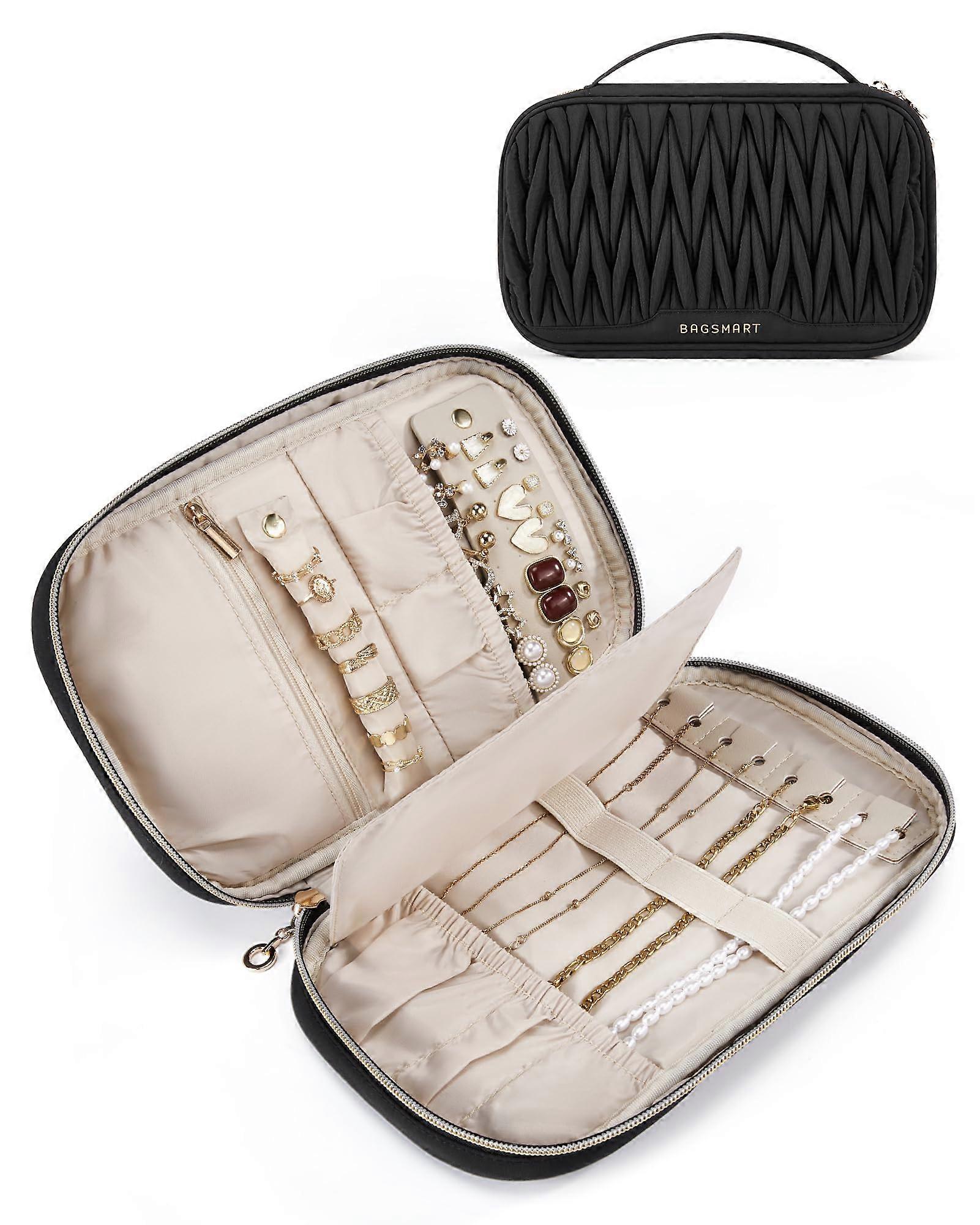 Jewelry Case for Travel Storage Organizer Compact Size with Zipper Closure, Multiple Compartments, and Soft Velvet Lining