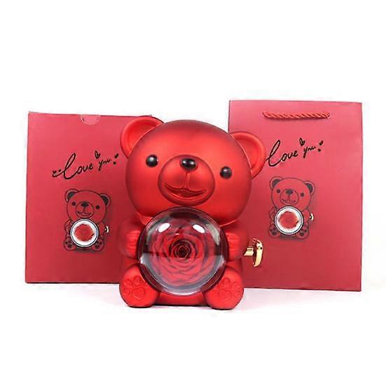 Preserved Rose Hug Bear Gift Box with Handbag Eternal Flower Rotating Bear
