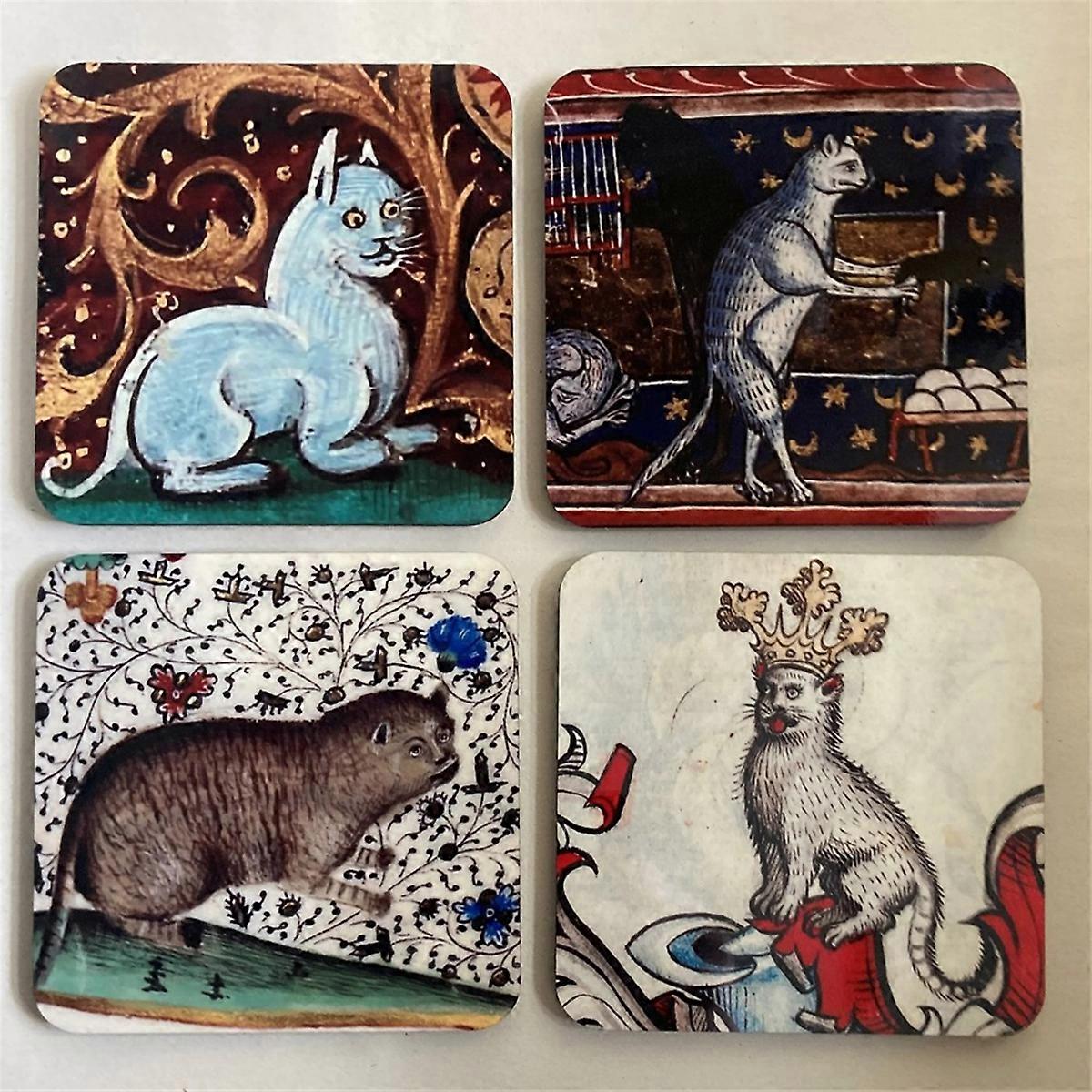 4 PCS Medieval Cat Coasters for Drink Set Cat Pattern Round Coasters