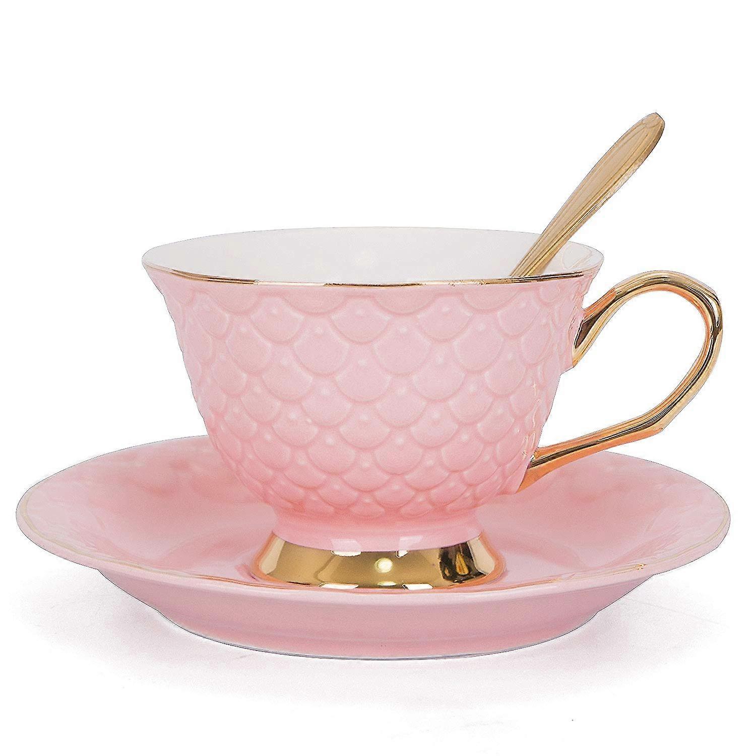 Pink Vintage 8 Ounce Porcelain Coffee and Tea Cup Set with Saucer, Decorative Scale Pattern, Classic Design