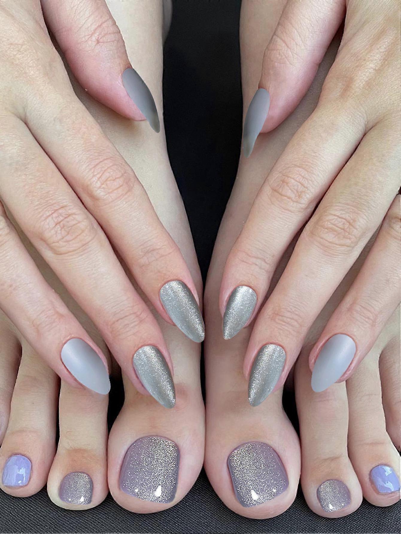 24Pcs Grey Crystal False Nails Full Coverage Fake Nails