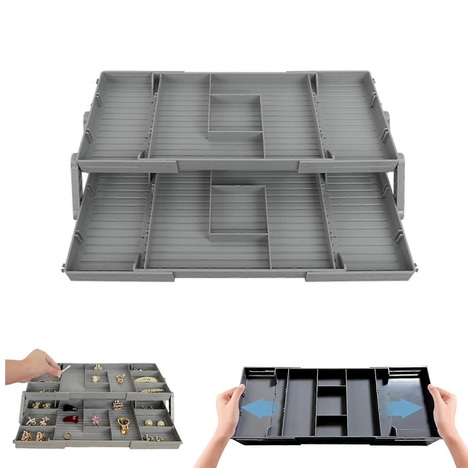 Drawer Organizer - 2/3 Tier Expandable Foldable Shallow Storage Tray, Multi-Level Design, Grey Color